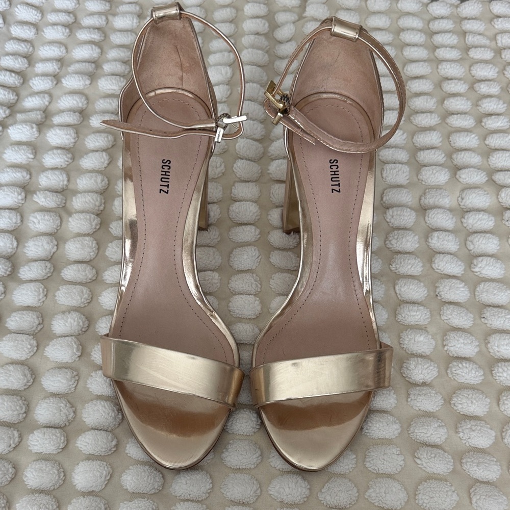 SCHUTZ Metallic Gold Ankle-Strap Block Heels